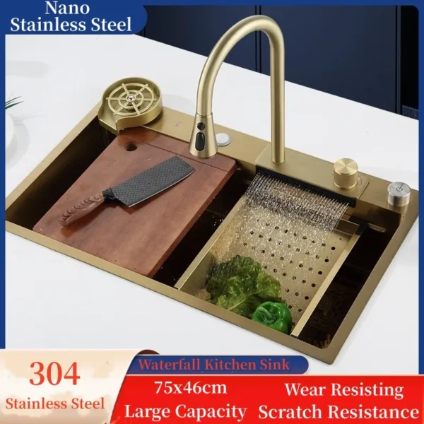 Gold 304 Stainless Steel kitchen Waterfall Sink,Washing Basin,Large Single Slot Sink Crockery Drainer Gourmet Faucet kitchen - Image 2