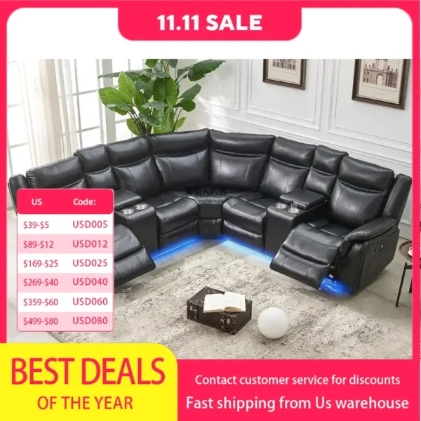 recliner，Manual Recliner Sofa Sectional Couches with LED Light for Living Room, Leather Reclining Corner Sectionals Sofa