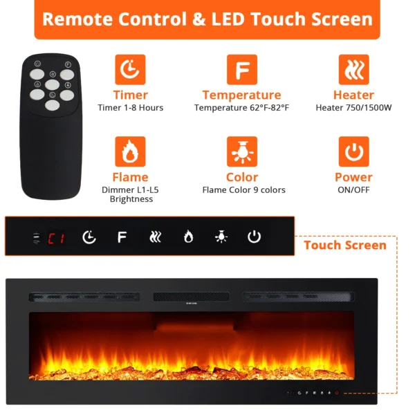 Electric Fireplace in-Wall Recessed, 50" Wall Mounted with Remote Control, 750/1500 W Heater, Adjustable Heater, Log and Crystal - Image 6