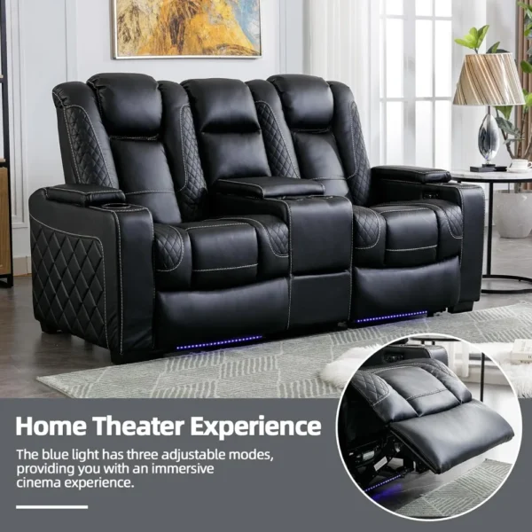 Home Theater Seating, Center Storage Console, Arm Storage, Cup Holders, Faux Leather Power Electric Recliner Loveseat Chair - Image 5