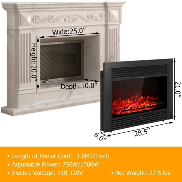 28.5" Electric Fireplace Insert, Wall Recessed/Mounted, Freestanding Fireplace with Remote Control, 2 Modes Heat - Image 6