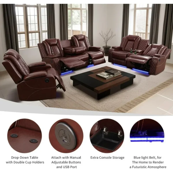 Living Room Set Breathing Leather Sofa Power Recliner Sofa, Cup Holders Storage Console LED Light Wireless Charger, recliner - Image 3