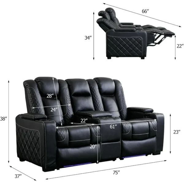 Home Theater Seating, Center Storage Console, Arm Storage, Cup Holders, Faux Leather Power Electric Recliner Loveseat Chair - Image 2