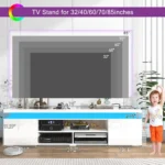 TV Stand for 85 Inch TVs, Entertainment Center with Power Outlet, Storage and LED Lights, Modern High Gloss Gaming TV Stand