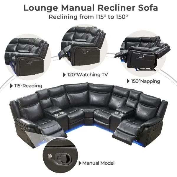 recliner，Manual Recliner Sofa Sectional Couches with LED Light for Living Room, Leather Reclining Corner Sectionals Sofa - Image 2