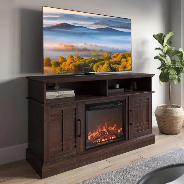 Traditional 58" Rustic TV Stand with 23" Electric Fireplace Heater with Sound, Media Entertainment Center Console Table for - Image 9