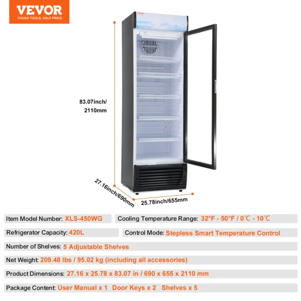 VEVOR Commercial Refrigerator,195L 275L 345L 420L Beverage Refrigerator Cooler, Glass Door Display Refrigerator Upright Fridge - Image 10