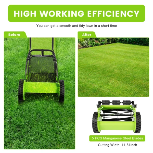 12" Hand Push Mower Lawn Sweeper Manual Reel Grass Catcher Manchine w/5 Blades 23L Collection Bag