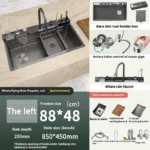 Stainless Steel Kitchen Sink With Waterfall Multifunctional Large Single Slot Embossed Vegetable Dishwashing Wash Basin