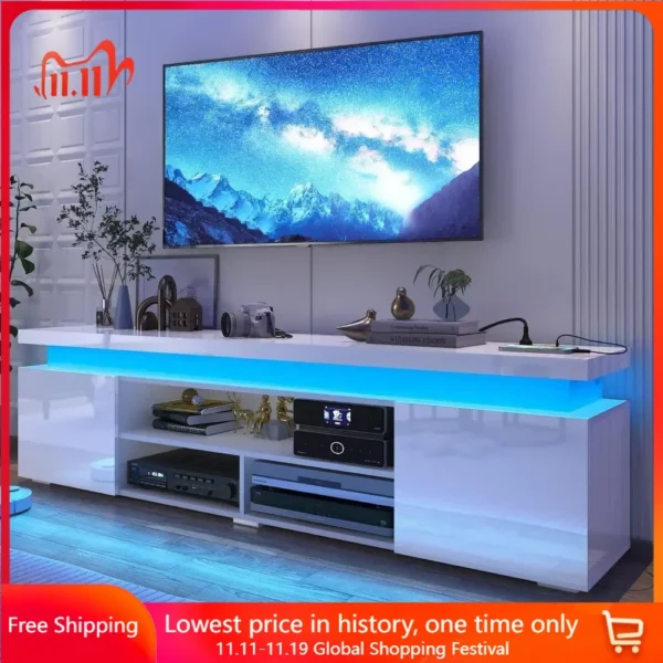 TV Stand for 85 Inch TVs, Entertainment Center with Power Outlet, Storage and LED Lights, Modern High Gloss Gaming TV Stand