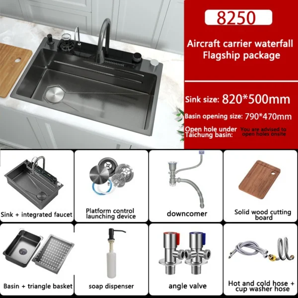 Stainless Steel Kitchen Sink With Waterfall Multifunctional Large Single Slot Embossed Vegetable Dishwashing Wash Basin - Image 6