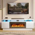 Electric Fireplace with LED Light, Entertainment Center, 2 Tier Console Stand for TVs Up to 80 ", Black, Modern TV Stand, 70"