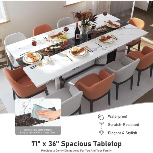 Dining Table Sets,71In Rectangular White Dining Table  W/35 Marble-Color Wood Watrproof Tabletop,Living Room Dinings Table Set - Image 3