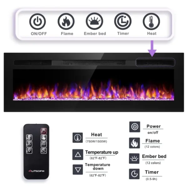 New 3D Electric Fireplaces Home Heater Indoor Stoves Recessed Wall Mounted Decor Flame Electric Fireplaces Adjustable 12 Flame - Image 2