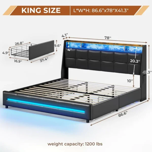 King Size Bed Frame w 4 Storage Drawers,Charging Station and LED Lights,Upholstered Bed Frame w Button Tufted Wingback Headboard - Image 2