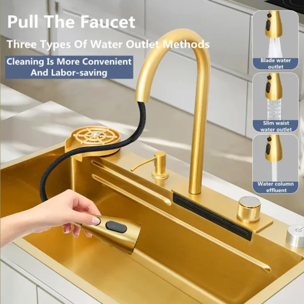 Gold 304 Stainless Steel kitchen Waterfall Sink,Washing Basin,Large Single Slot Sink Crockery Drainer Gourmet Faucet kitchen - Image 5