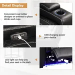 PU Reclining Sofas with Powered Headrest, LED Lights, USB Port, Cup Holders, Dual Motors Movie Reclining Chairs