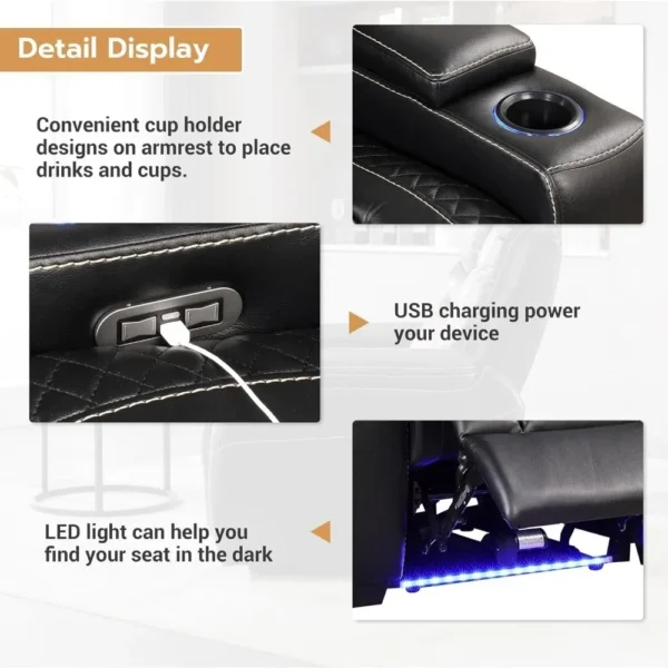 PU Reclining Sofas with Powered Headrest, LED Lights, USB Port, Cup Holders, Dual Motors Movie Reclining Chairs - Image 6