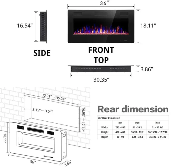 36 inch Recessed and Wall Mounted Electric Fireplace, Ultra Thin ad Low Noise, Fit for 2 x 4 and 2 x 6 Stud, Remote Co - Image 4