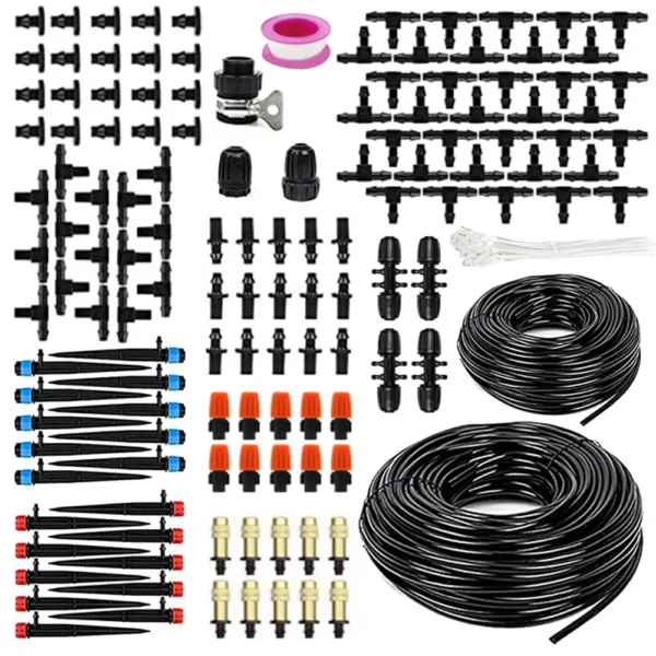 200FT Drip Irrigation System Kit with 1/2 Inch Hose 1/4 Inch Distribution Tubing Automatic Garden Watering Misting System