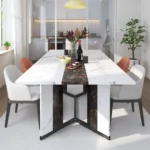 Dining Table Sets,71In Rectangular White Dining Table  W/35 Marble-Color Wood Watrproof Tabletop,Living Room Dinings Table Set
