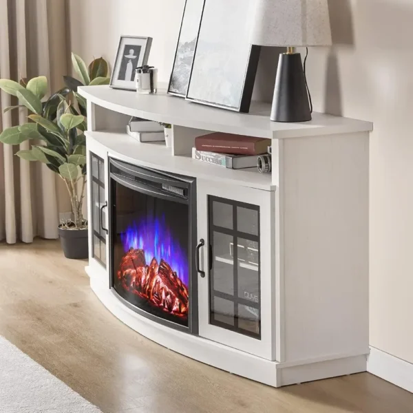 Curved Fireplace TV Stand with 26'' Electric Fireplace, Media Entertainment Center Farmhouse Glass Door Storage Cabinet - Image 3