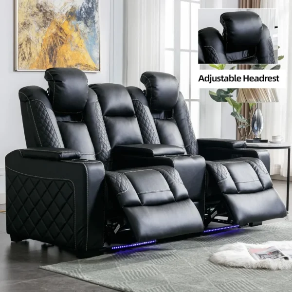 Home Theater Seating, Center Storage Console, Arm Storage, Cup Holders, Faux Leather Power Electric Recliner Loveseat Chair - Image 4