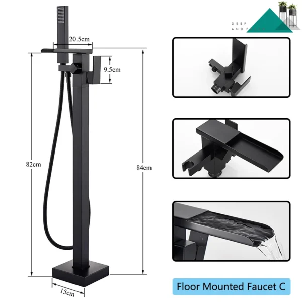 Black Bathtub Shower Faucet Bathroom Brass Square Floor Standing Bathtub Faucets Waterfall Hot Cold Water Mixer Tap - Image 9