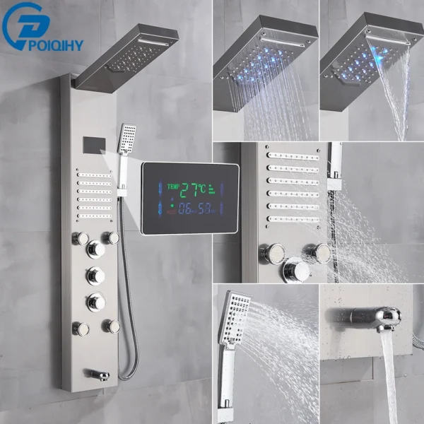 Black Bathroom Shower Panel Column Golden Rain Waterfall Shower Faucet Bidet Sprayer Tap SPA Massage Jet LED Bath Shower Set - Image 16