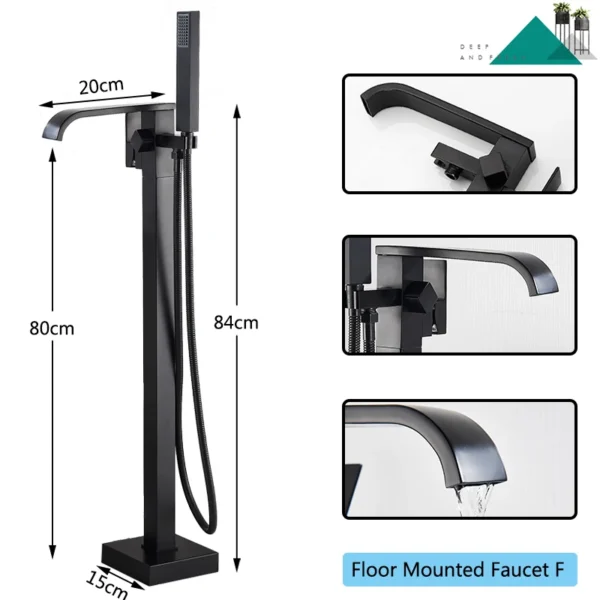 Black Bathtub Shower Faucet Bathroom Brass Square Floor Standing Bathtub Faucets Waterfall Hot Cold Water Mixer Tap - Image 7