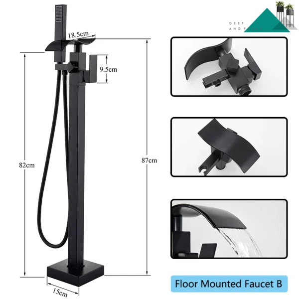 Black Bathtub Shower Faucet Bathroom Brass Square Floor Standing Bathtub Faucets Waterfall Hot Cold Water Mixer Tap - Image 11