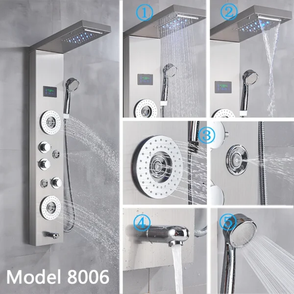 Brushed Nickel Bathroom Shower Column Wall Mounted Black LED Shower Panel Faucets Rainfall Digital Screen 6 Modes Mixer Tap - Image 3