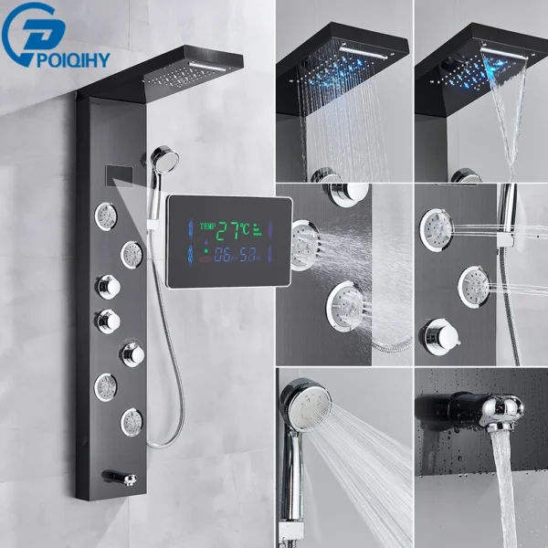 Black Bathroom Shower Panel Column Golden Rain Waterfall Shower Faucet Bidet Sprayer Tap SPA Massage Jet LED Bath Shower Set - Image 18