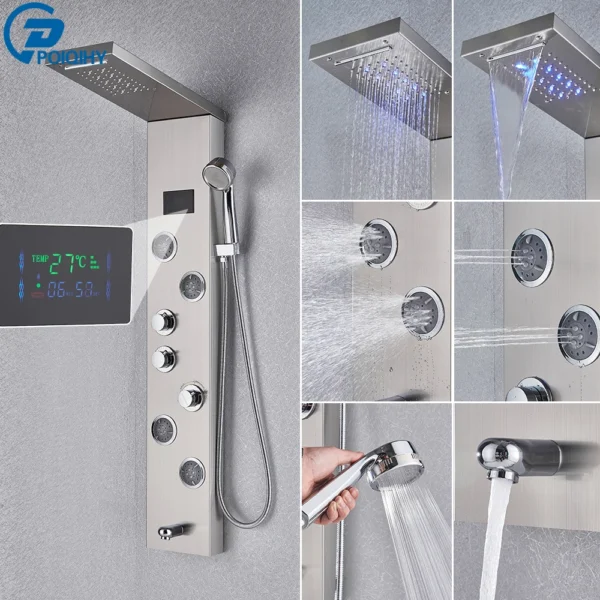 Black Bathroom Shower Panel Column Golden Rain Waterfall Shower Faucet Bidet Sprayer Tap SPA Massage Jet LED Bath Shower Set - Image 9