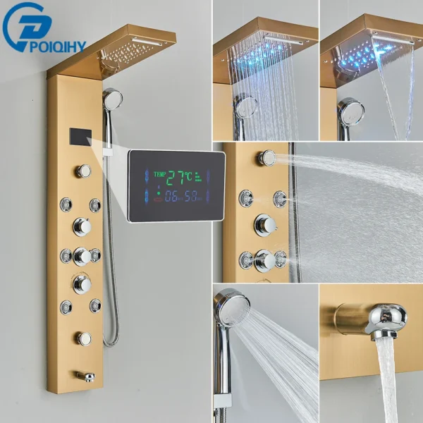 Black Bathroom Shower Panel Column Golden Rain Waterfall Shower Faucet Bidet Sprayer Tap SPA Massage Jet LED Bath Shower Set - Image 13