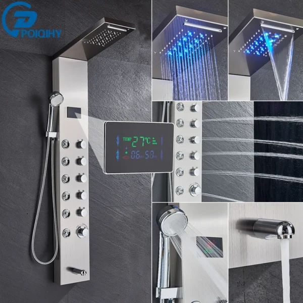 Black Bathroom Shower Panel Column Golden Rain Waterfall Shower Faucet Bidet Sprayer Tap SPA Massage Jet LED Bath Shower Set - Image 17