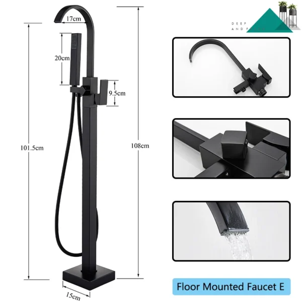 Black Bathtub Shower Faucet Bathroom Brass Square Floor Standing Bathtub Faucets Waterfall Hot Cold Water Mixer Tap - Image 8