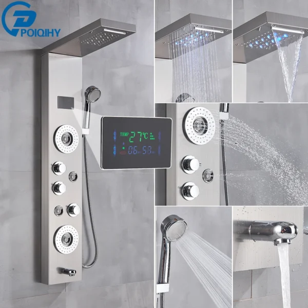 Black Bathroom Shower Panel Column Golden Rain Waterfall Shower Faucet Bidet Sprayer Tap SPA Massage Jet LED Bath Shower Set - Image 11