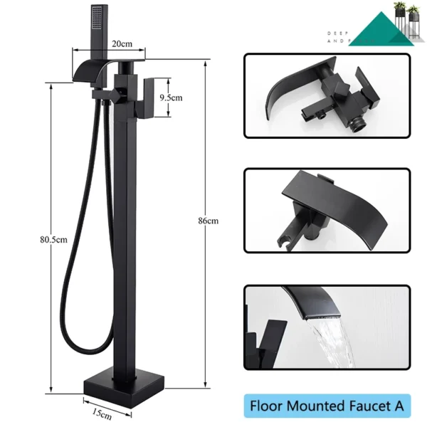 Black Bathtub Shower Faucet Bathroom Brass Square Floor Standing Bathtub Faucets Waterfall Hot Cold Water Mixer Tap - Image 12