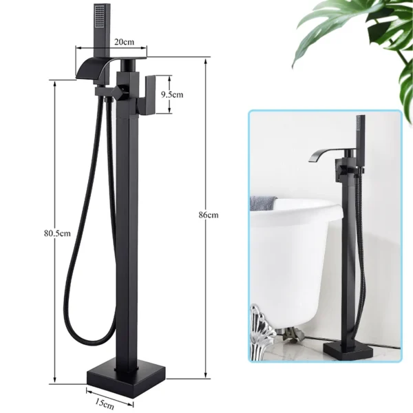 Black Bathtub Shower Faucet Bathroom Brass Square Floor Standing Bathtub Faucets Waterfall Hot Cold Water Mixer Tap - Image 2