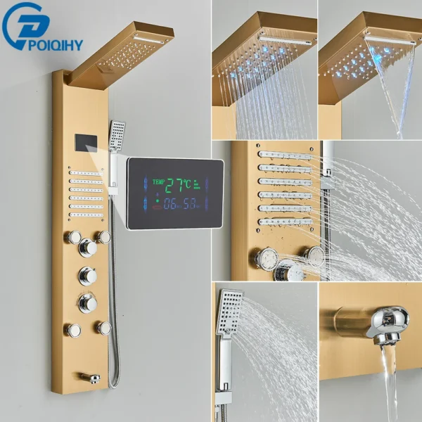 Black Bathroom Shower Panel Column Golden Rain Waterfall Shower Faucet Bidet Sprayer Tap SPA Massage Jet LED Bath Shower Set - Image 14