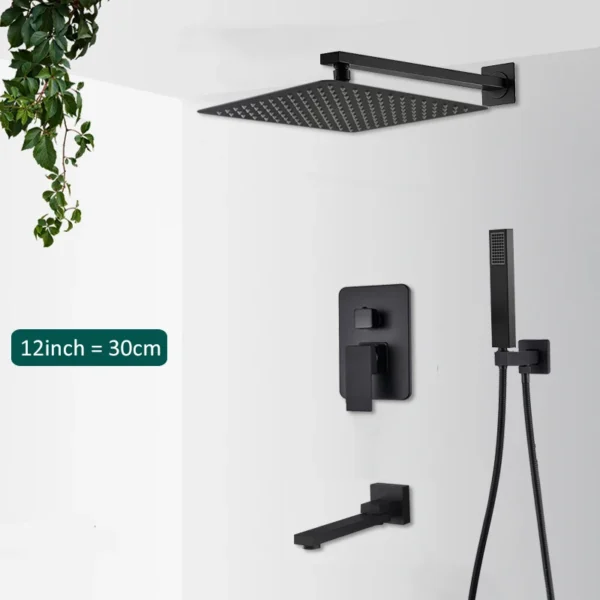 Black Concealed Shower System Rain Waterfall Bathroom Embedded Shower Faucet Set with Tub Spout - Image 9