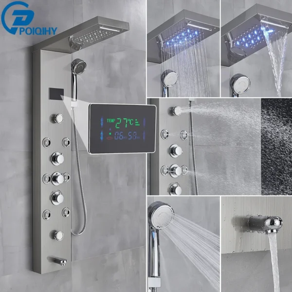 Black Bathroom Shower Panel Column Golden Rain Waterfall Shower Faucet Bidet Sprayer Tap SPA Massage Jet LED Bath Shower Set - Image 15