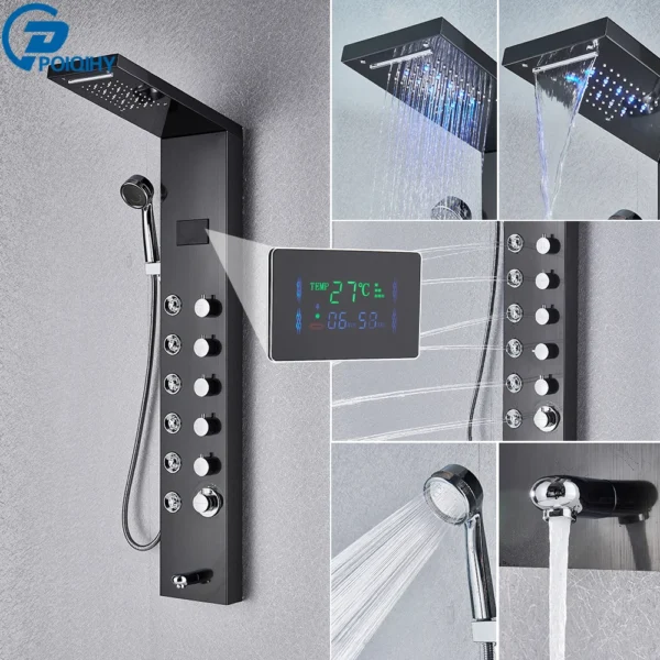 Black Bathroom Shower Panel Column Golden Rain Waterfall Shower Faucet Bidet Sprayer Tap SPA Massage Jet LED Bath Shower Set - Image 8