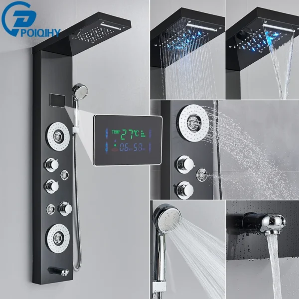 Black Bathroom Shower Panel Column Golden Rain Waterfall Shower Faucet Bidet Sprayer Tap SPA Massage Jet LED Bath Shower Set - Image 10