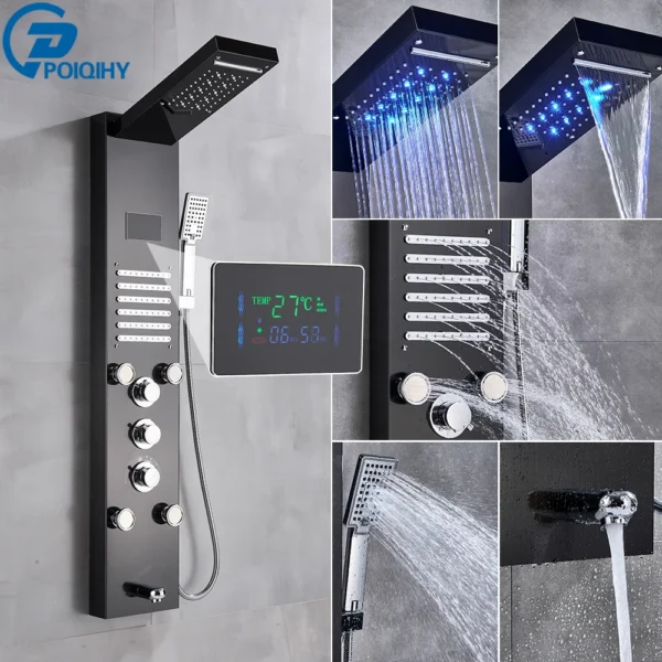 Black Bathroom Shower Panel Column Golden Rain Waterfall Shower Faucet Bidet Sprayer Tap SPA Massage Jet LED Bath Shower Set - Image 7