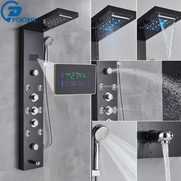 Black Bathroom Shower Panel Column Golden Rain Waterfall Shower Faucet Bidet Sprayer Tap SPA Massage Jet LED Bath Shower Set - Image 12