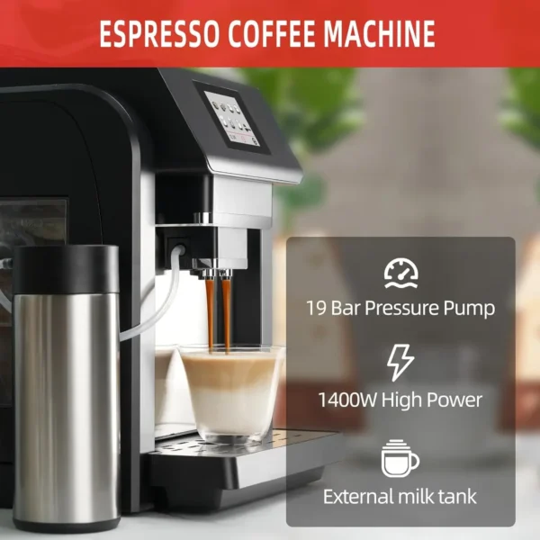 ES317 Fully Automatic Espresso Machine，Milk Frother,Built-in Grinder，Intuitive Touch Display ，7 Coffee Varieties for Home, Offic - Image 5