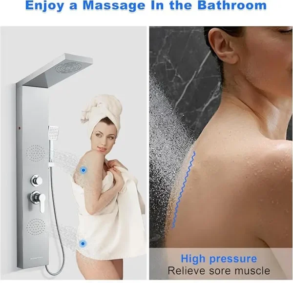 ROVATE 5 IN 1 LED Shower Panel Tower System Mist Rain Bathroom Stainless Steel Column Tub Spout 2 Full Body Massage Jets Brushed - Image 4