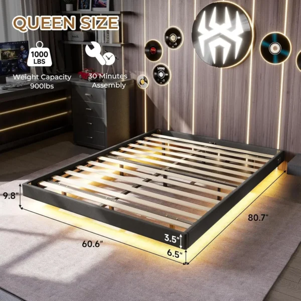 Floating Bed Frame Queen Size with RGB LED Lights and Type-C&USB Ports, Upholstered Platform Queen Bed with Wood Slats - Image 2